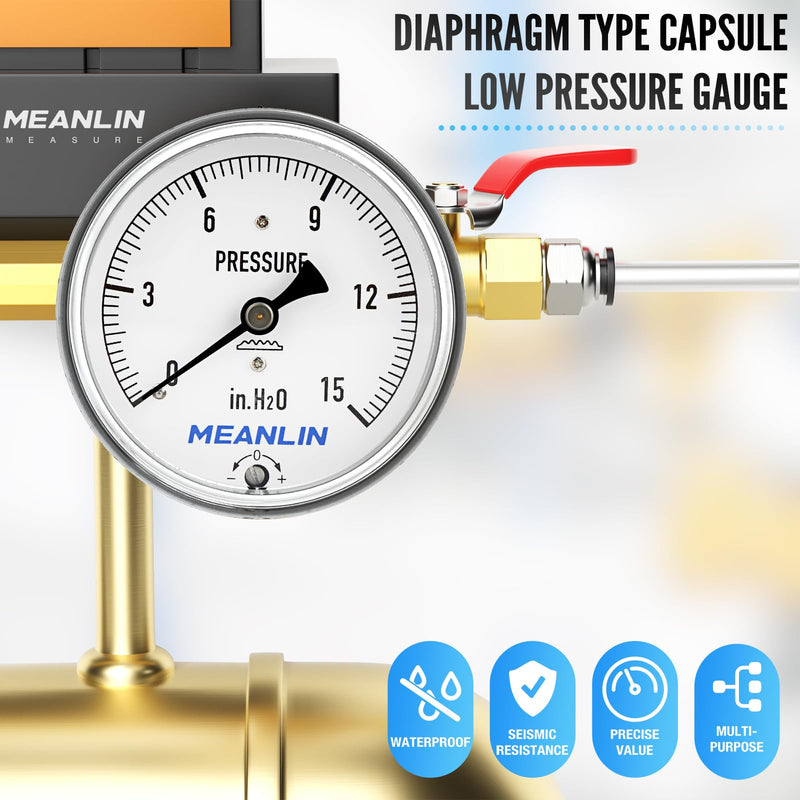 MEANLIN MEASURE 0-15 in H2O Diaphragm Type Capsule Low Pressure Gauge 1/4" NPT 2-1/3" FACE DIAL Adjustable Water Column Gauge, with 1/2" NPT and 3/8" NPT Hex Bushing, Back Mount 0~15 in H2O Center Back Mount