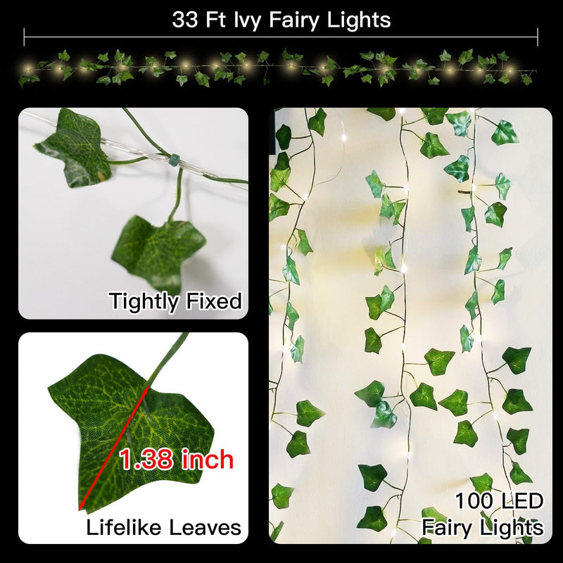 suddus Vine with Fairy Lights Battery Operated, 33ft 100 LED Ivy String Lights with Remote, Leaf Lights for Bedroom, Room, Wall, Garden, Party, Wedding Decor (Warm White) 100 LED-Copper Wire Battery-Powered IVY-33ft