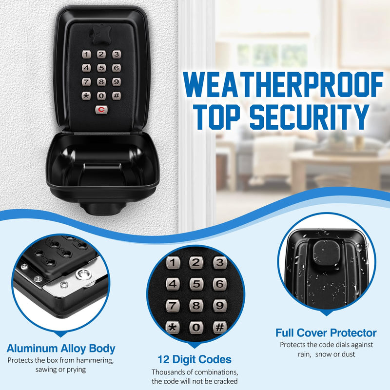 Key Lock Box Wall Mounted Key Storage Box Waterproof 12 Digit Combination Security Lock Box Large Capacity Resettable Code Key Safe with Weatherproof Cover for Home Garage Office School Black