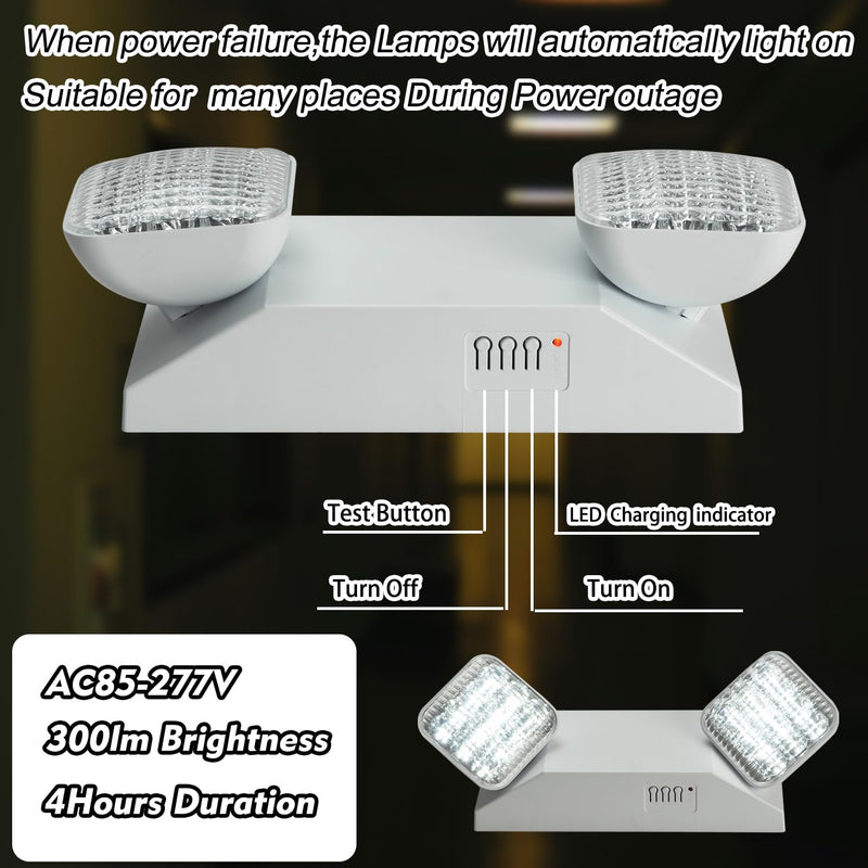 Plug in Emergency Lights for Business Home Power Failure 4Hours 300lm LED Commercial Emergency Light Fixtures with Battery Backup Rechargeable Adjustable Two Heads AC85-277V Square White