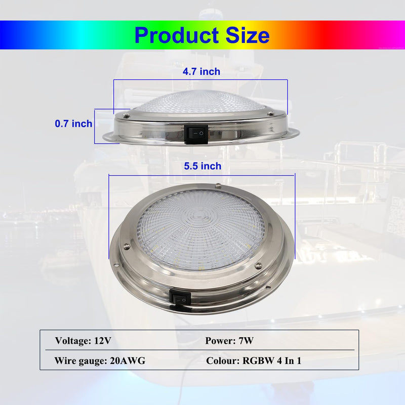Marine Boat Dome Lights, 5.5 Inch RGBW LED Boat Cabin Light with Toggle Switch, 12V Interior Lights with Stainless Steel Surface Mount