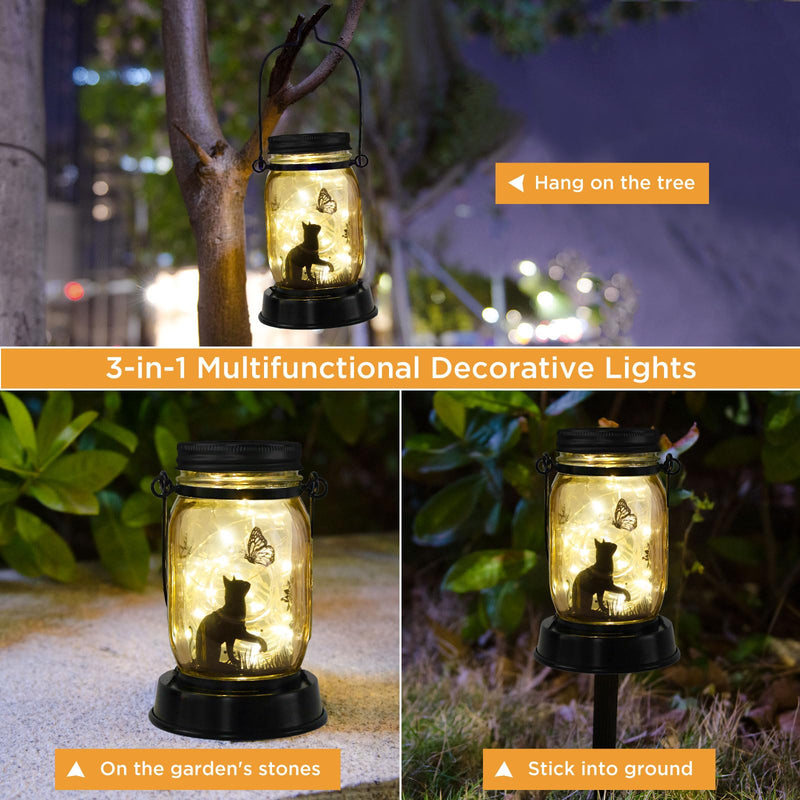 Styleonme Decor Mobile Outdoor Solar Lanterns, Solar Waterproof Cat Lights with Butterfly, Gifts for Women Men Cat Lovers Gifts, Hanging Cat Lanterns with Stake for Yard Lawn Garden Decor Cat & Butterfly