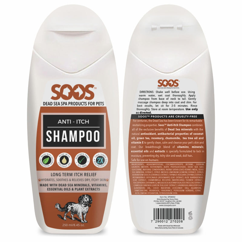 Soos Pet Shampoo Anti-Itch Cat and Dog Shampoo Dead Sea Minerals Fast Absorbing Soothes Itching Clean Fur with Vitamins Essential Oils Natural Ingredients - 1x Bottle (250ml) - PawsPlanet Australia