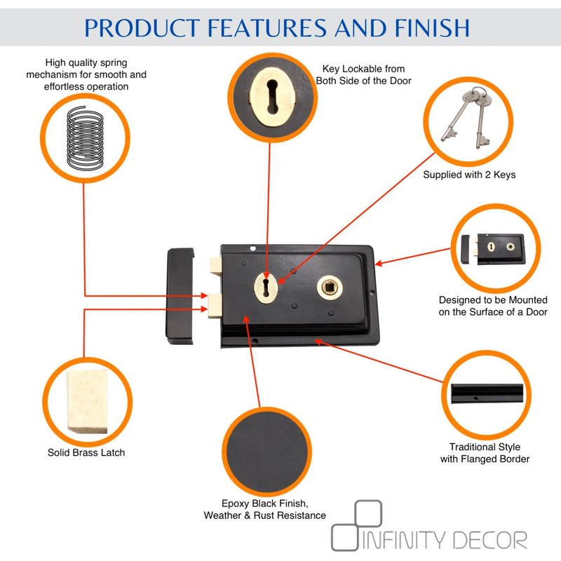 Infinity Decor Fluted Epoxy Black Rim Lock Latch Set – Traditional Cast Iron Locks Security for Garden Gates and External Sheds Doors
