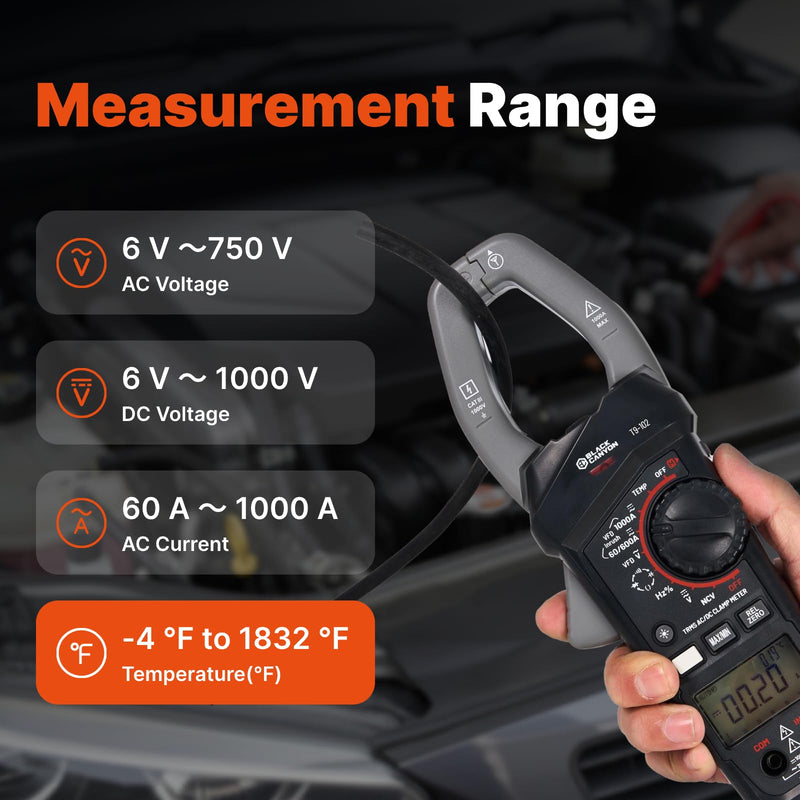 BLACK CANYON Digital Clamp Meter – TRMS AC/DC Clamp Multimeter 1000A, Amp Meter, DC Amp Meter, Inrush Current, Voltage, Resistance, Capacitance, Diode, Temp, NCV, Backlight LCD