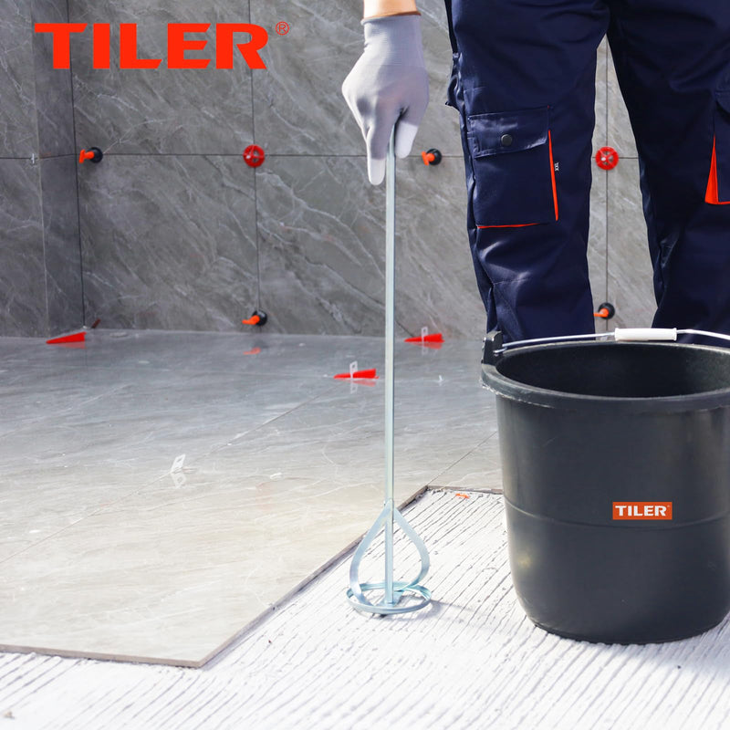 TILER Paint and Mud Mixer for Drill in 1 to 5 Gallon Bucket -Paint Stirrer Drill Attachment Fits all standard drills- Zinc plated steel - Hex head for non slip -Easy Cleaning Drill Paddle 8201 1x Silver-60s