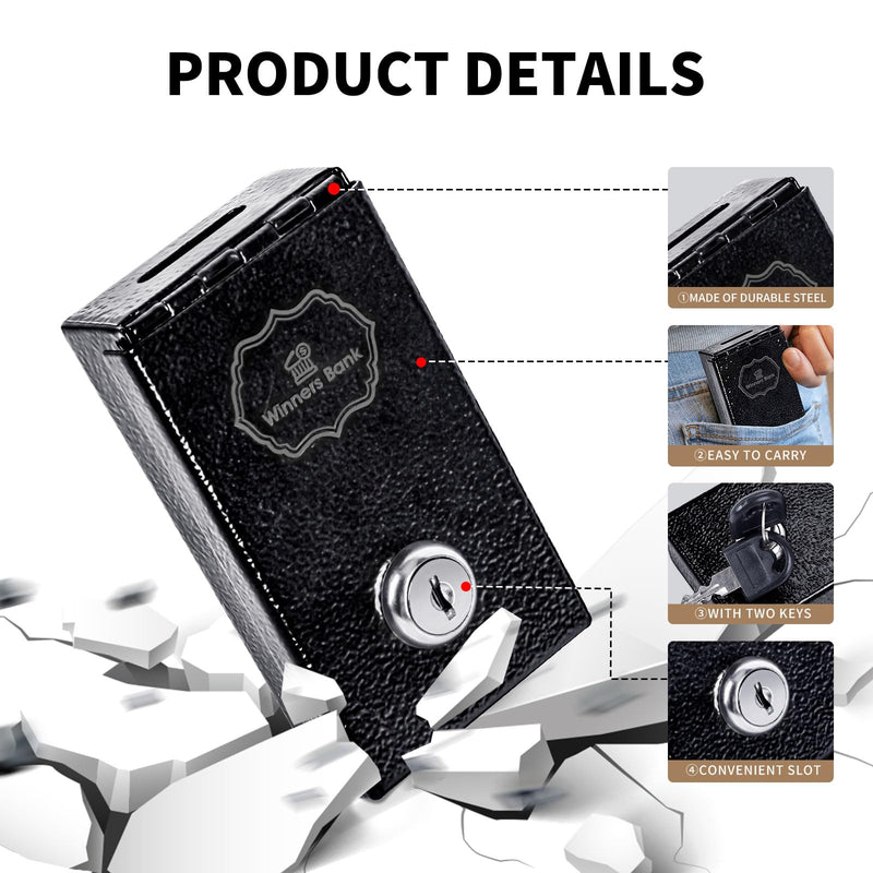 Winners Bank, Metal Box For Gambler, Winner Bank With Key Casino, Mini Lock Box For Gamblers, Gambling Box Portable Safe Casino Money Pocket Sized Cash Box with Key Go Home Money (1Pack) Black
