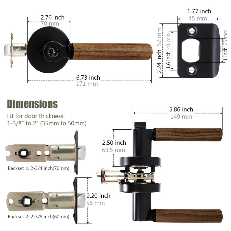 Walnut Wood Privacy Door Lever - Reversible Keyless Locksets Door Handles for Interior Bedrooms&Bathrooms, Zinc Alloy Base (Black, Privacy) Black