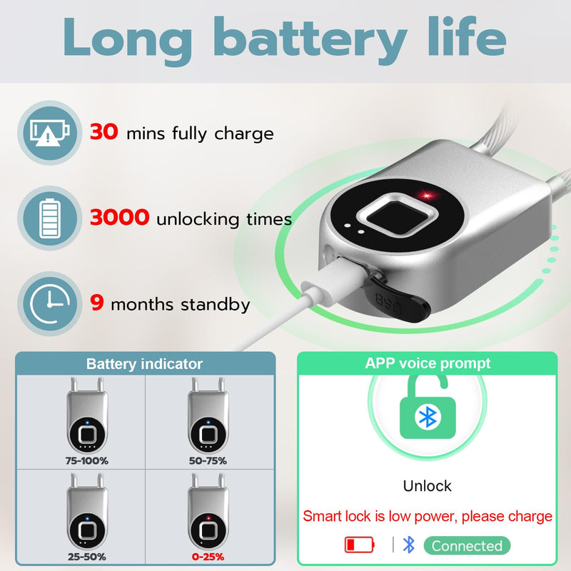 Fingerprint Cable Lock, Fridge Lock with Fingerprint Bluetooth APP Control, Smart Biometric Waterproof Child-Proof Refrigerator Locks for Kids & Adults Fridge French Door Cabinet Gate Silver