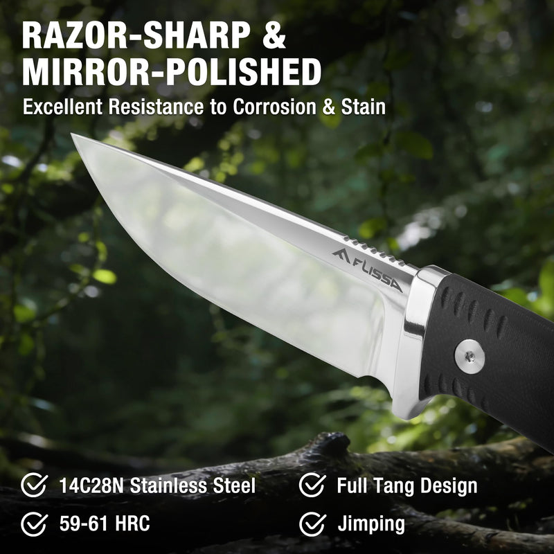 FLISSA Fixed Blade Knife with 3.7" Mirror Polished 14C28N Steel Blade, G10 Handle, Leather Sheath for EDC, Hiking, Camping, Fishing, Survival, for Men Women