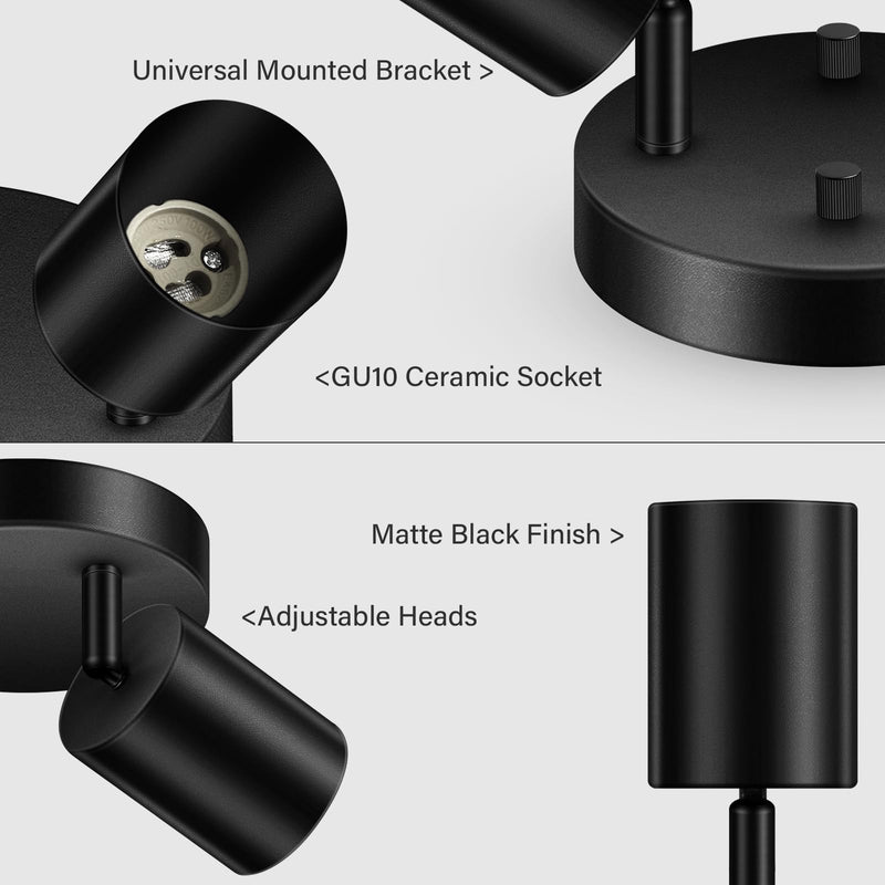 BoostArea LED 2 Light Track Lighting Kit, LED Track Lighting Fixtures, Black Round Ceiling Spot Lighting, Flexibly Rotatable Light Head for Kitchen, Living Room, Bedroom, GU10 Bulb Not Included 2 Light-Black