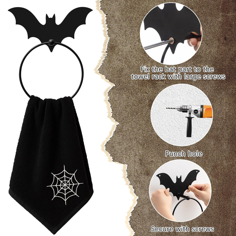 2Pcs Gothic Bat Metal Towel Rings Halloween Towel Holder Oil Rubbed Bath Towels Ring Black Art Hand Towels Rack Gothic Bathroom Decor