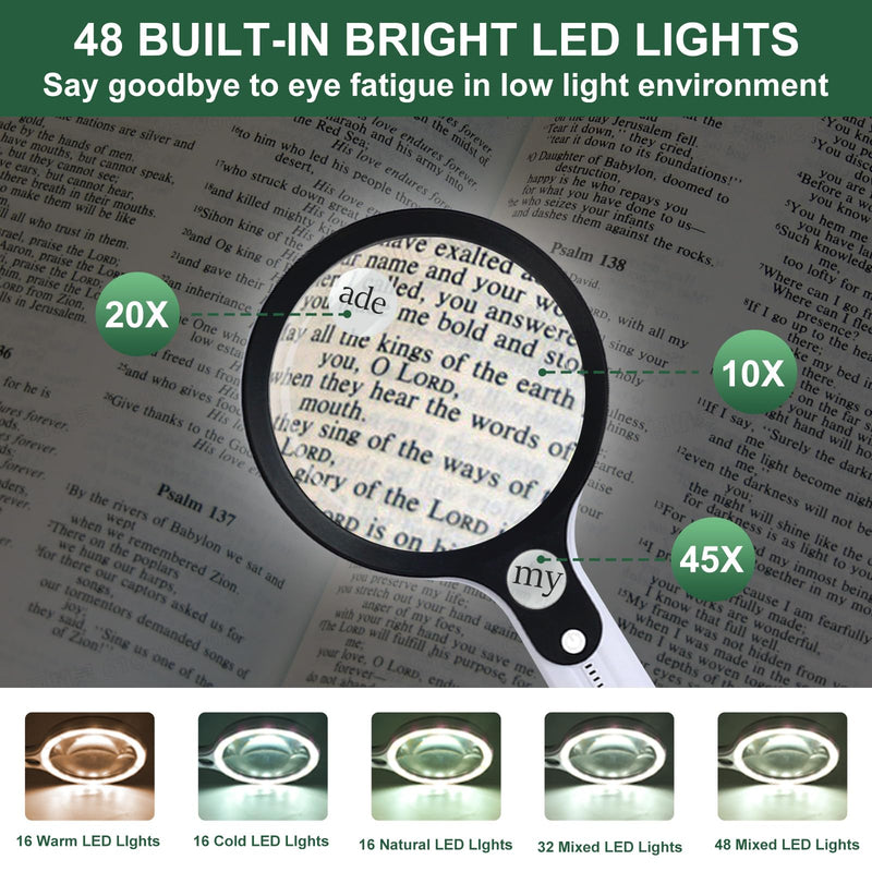 Magnifying Glass with 48 LED Light, 10X 20X 45X Handheld Illuminated Lighted Magnifier with 5 Light Modes Rechargeable Magnifying Glass for Seniors Reading Inspection (Black & White) White Handle