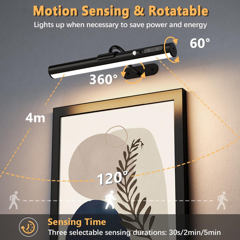 Hapfish Motion Sensor Battery Operated Wall Sconce, Wireless Picture Lights for Wall, Rechargeable Magnetic Art Lighting with Remote Control, Battery Picture Light for Poster Dartboard Mirror - Black Motion Sensor Black