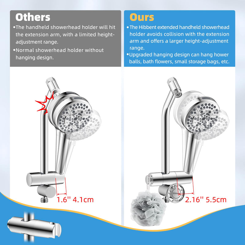 Hibbent All Metal Shower Diverter with Showerhead Holder, Easy Reach 4 Way Diverter with Pause Mode, 13.5" Stainless Steel Slide Bar, 4-Setting Replacement for Handheld & Fixed Shower, Chrome