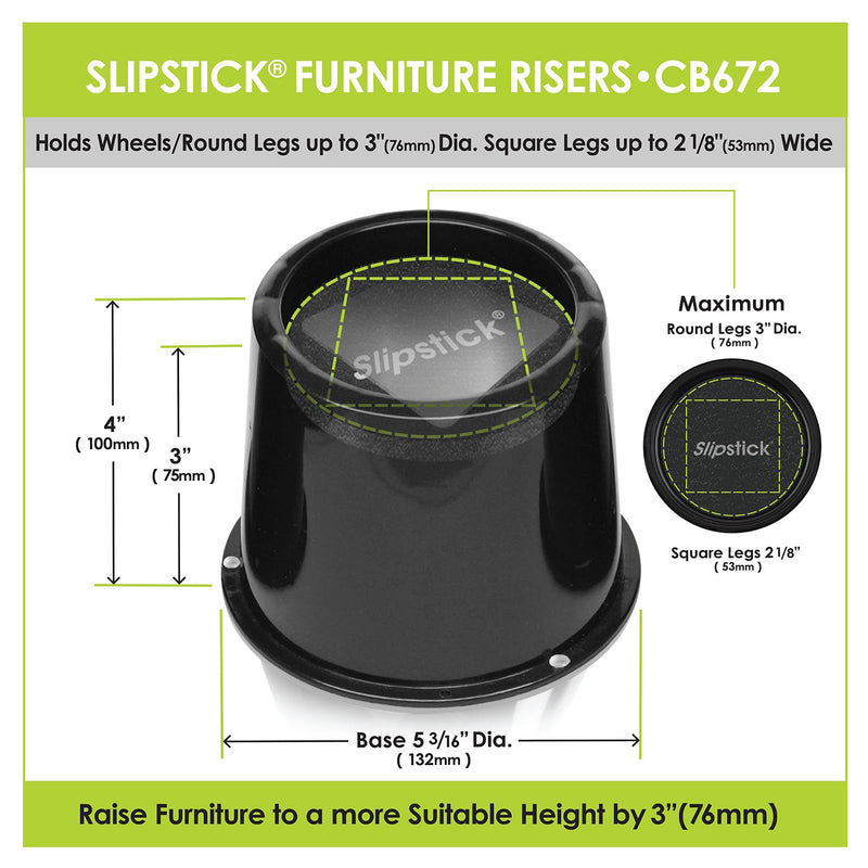 Slipstick CB672 Premium 3 Inch Bed Risers/Furniture Raisers with Steel Reinforced Caster Wheel Holder Top, Lifts Height 3" (4 Pack) Supports 2,640 Pounds, Black, Stackable with CB671 4 Pack 3 Inch Black