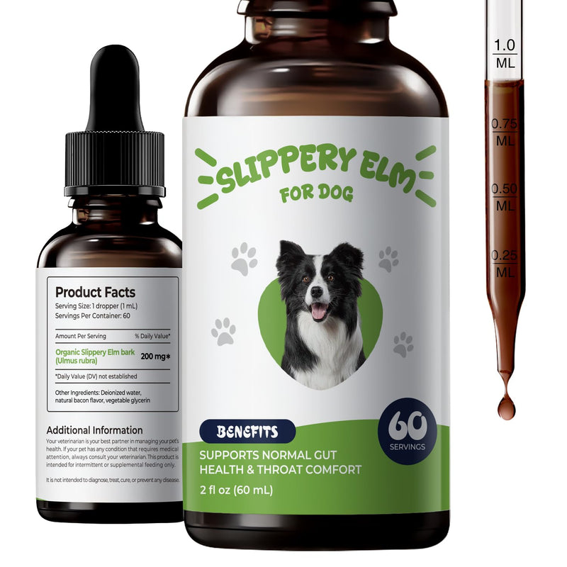 Slippery Elm for Dogs Liquid Drops, Organic Slippery Elm Bark Extract, Gut and Throat Comfort Support, Easy Mix-in Dog Supplement, Bacon Flavor, 2 fl oz