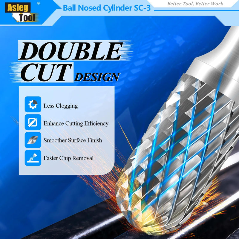 SC-3 Tungsten Carbide Burr Rotary File Cylindrical Ball Nose End Shape Double Cut for Die Grinder Drill Bits 1/4'' Inch Diameter of Shank and 3/8'' Inch Diameter of Cutter 3/4'' Inch Cutter Length SC-3