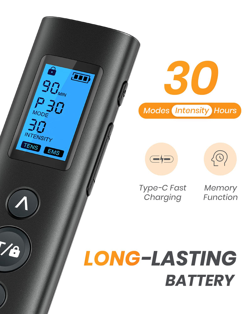 30 Modes TENS EMS Unit Compact Muscle Stimulator for Pain Relief, Rechargeable & Portable Dual Channel EMS Muscle Stimulator with 30 Intensity Levels and 12 Electrode Tens Unit Replacement Pads Black