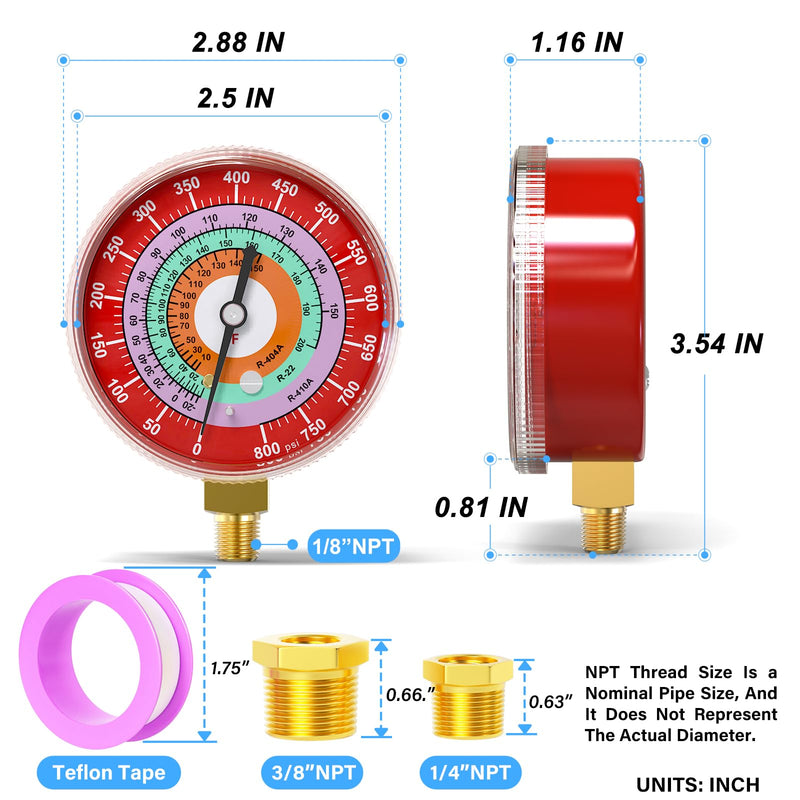 MEANLIN MEASURE Refrigeration Pressure Gauge, 1/8" NPT, 30 in HG to 250Psi and 0-800Psi, 2-3/4" Dial, R-404A, R-22, R-410A, Degree F, with 1/4" NPT and 3/8" NPT Hex Bushing, Lower Mount Red & Blue Dial