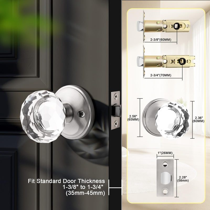 2 Pack Crystal Door Knobs Interior, Elegant Satin Nickel Closet Door Knob, Keyless Glass Door Knobs for Hallways and Laundry Rooms 2