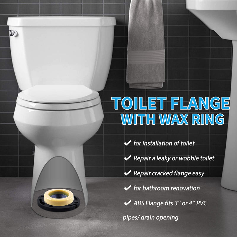 Toilet Flange with Wax Ring for Toilets Replacement Kit Includes Bolts PVC Toilet Flange Repair Kit for 3" or 4" Pipes, Fit Toilet Install & Repair with Standard Wax Ring