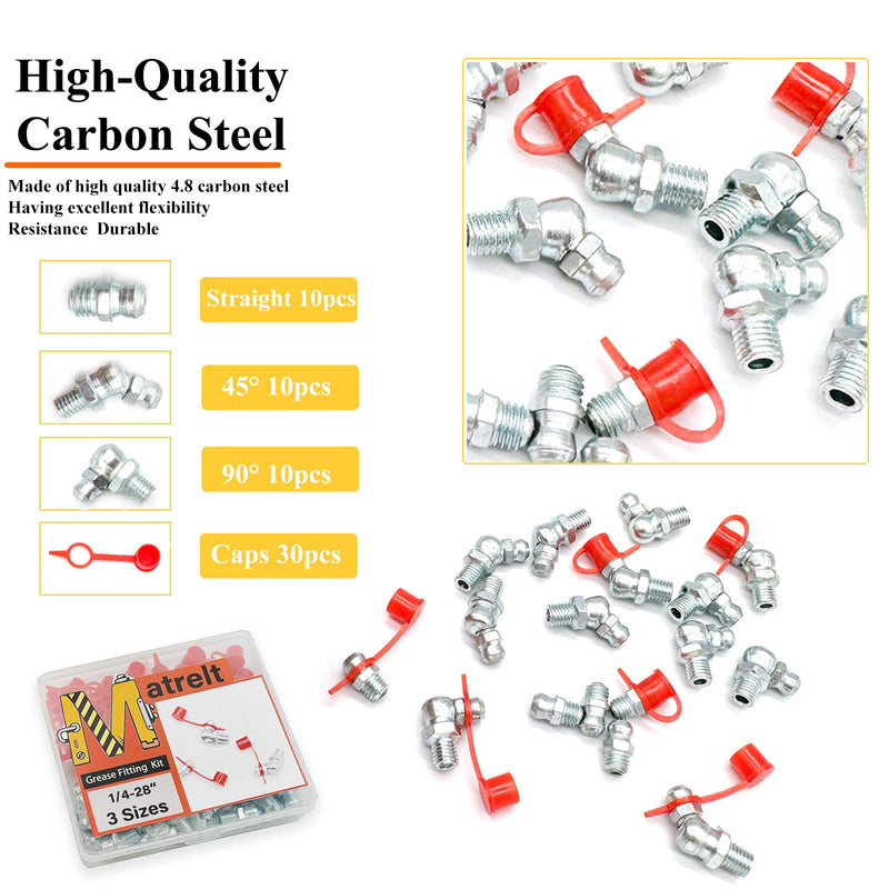 30Pcs 1/4"-28 Straight 45 90 Degree Grease Fitting Assortment Kit with Grease Zerk Fittings Caps, Galvanized Steel Hydraulic Grease Zerk for Industrial and Agricultural Machinery Cars Ships ets 1/4"-28-30 Pcs