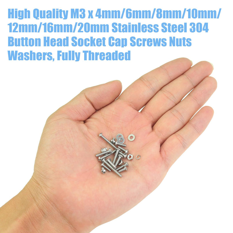 DYWISHKEY 566 Pieces M3x 4/6 /8/10 /12/16 /20mm Button Head Socket Cap Screws Nuts Washers Assortment Kit, M3 Screw Kit, 304 Stainless Steel