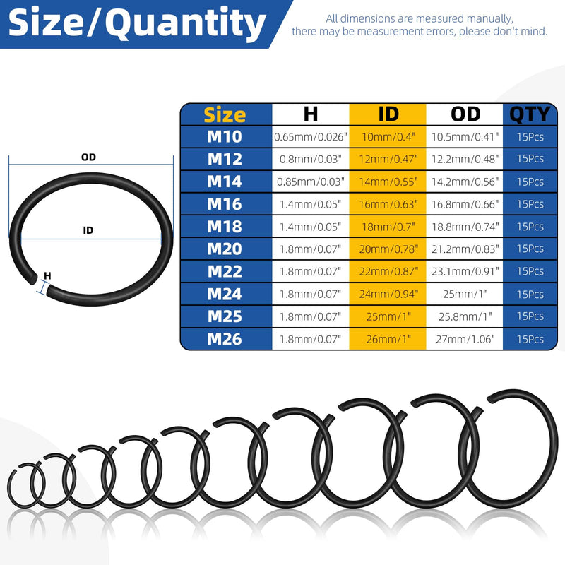 Glarks 150pcs GB895.2 65Mn Metric 10 Sizes 10MM to 26MM Round Wire C-Clips Internal Snap Rings Assortment Kit Round Wire Snap Rings Retaining Rings Classic Circlip for Shafts