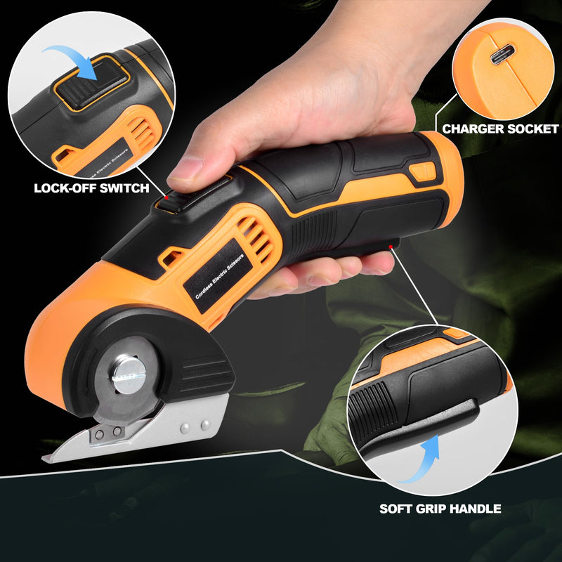 Cordless Electric Scissors, 4 V Rechargeable Rotary Cutter with LED Light, Safety Lock and Portable Storage Case for Cutting Fabric, Cardboard, Leather, Carpet and PVC Boxes，Yellow