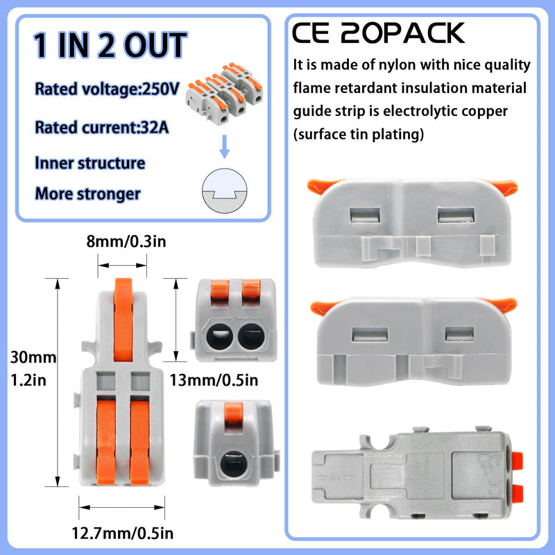 20PCS Mini Electrical Wire Connectors Lever Wire Connector Compact Splicing Butt Terminal Block Connectors (1 in 2 Out, Nylon) WW005-12 20PCS 1 in 2 Out