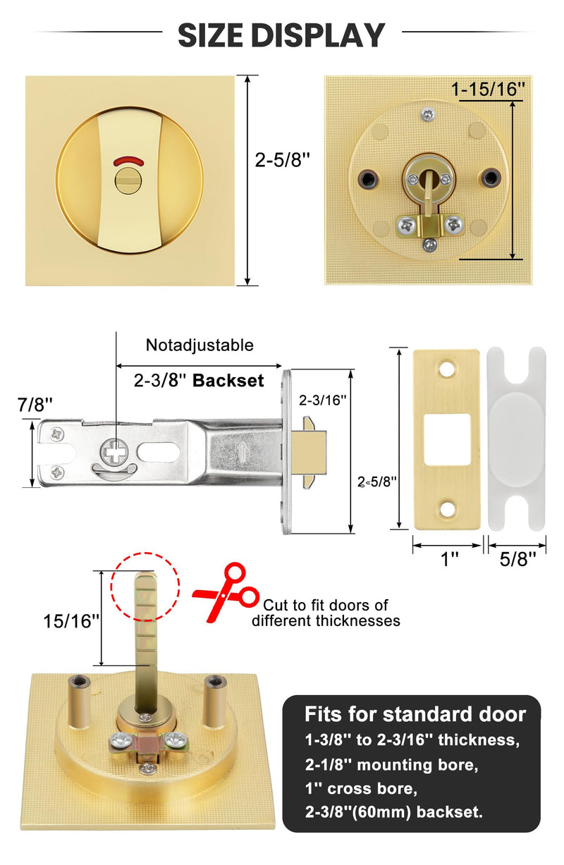 goldenwarm Brushed Gold Square Pocket Door Lock with Indicator, Pocket Door Hardware for 2-1/8'' Round Bore Hole, Pocket Door Handles Fit 1-1/4'' to 2'' Thickness Sliding Door 2-3/8'' Latch 1 Pack Indicator 1 Pack
