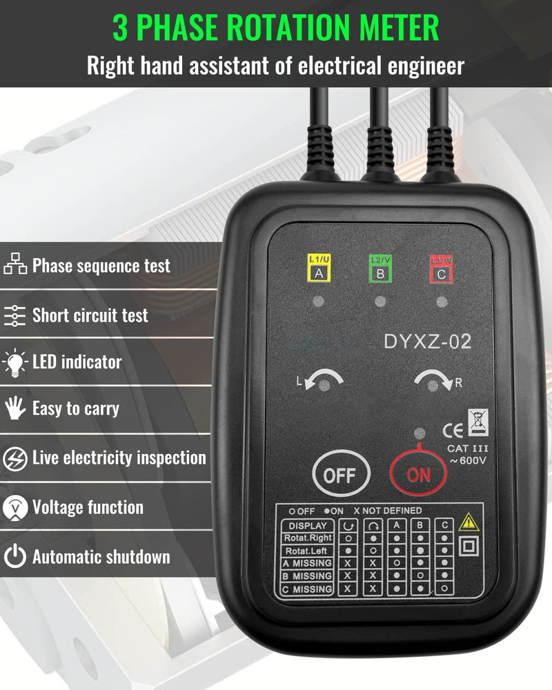 3 Phase Rotation Tester Non Contact Rotation Meter AC 70~600V | High Magnetic Induction Phase Sequence Detector with 22 Inch Clamp Lead, LED, Carrying Bag Auto Power Off Phase Meter DYXZ-02