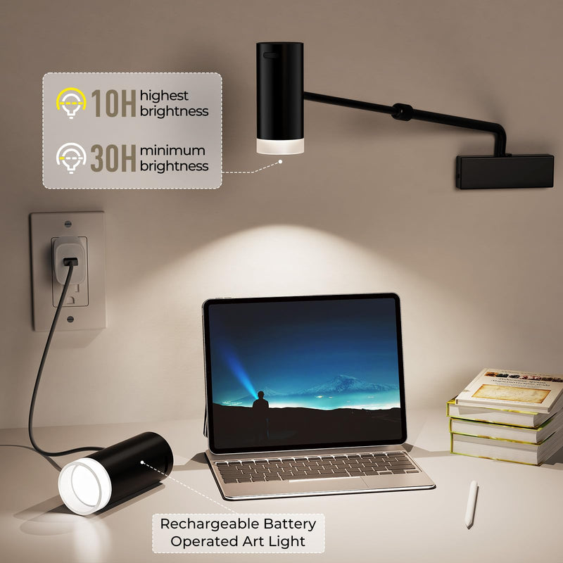 PESUTEN Battery Operated Picture Light, Adjustable Length Wireless Art Light for Paintings CCT Dimmable Rechargeable Picture Light with Remote Control for Gallery Reading Dartboard Bathroom Black