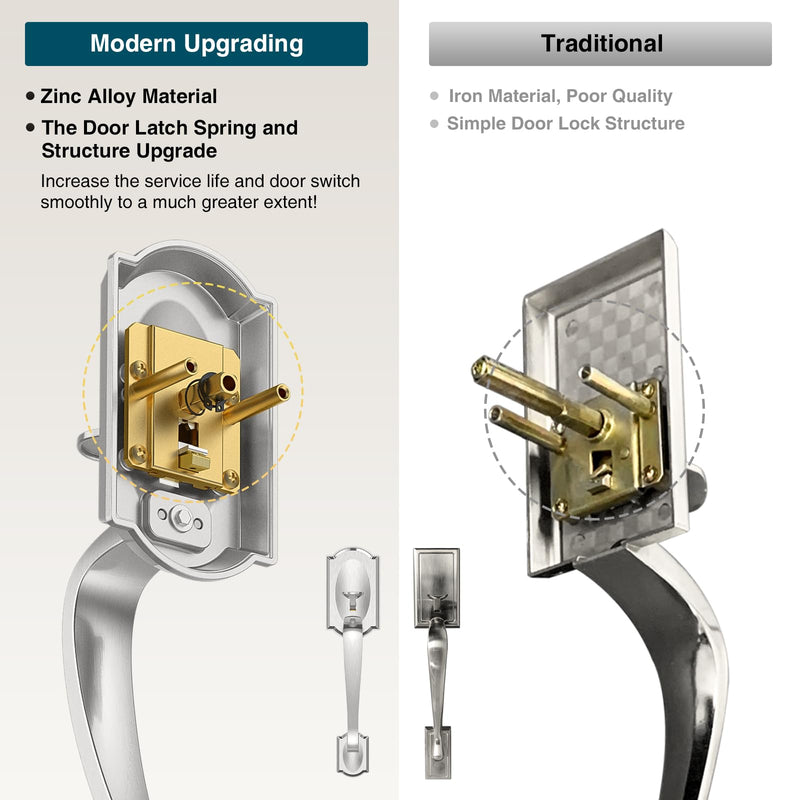 Front Door Handle No Lock, Entry Door Handle Exterior with Interior Reversible Handle Lever, Lower Half Grip, Single Cylinder, Door Handle Sets for Right or Left Handed Door, Satin Nickel