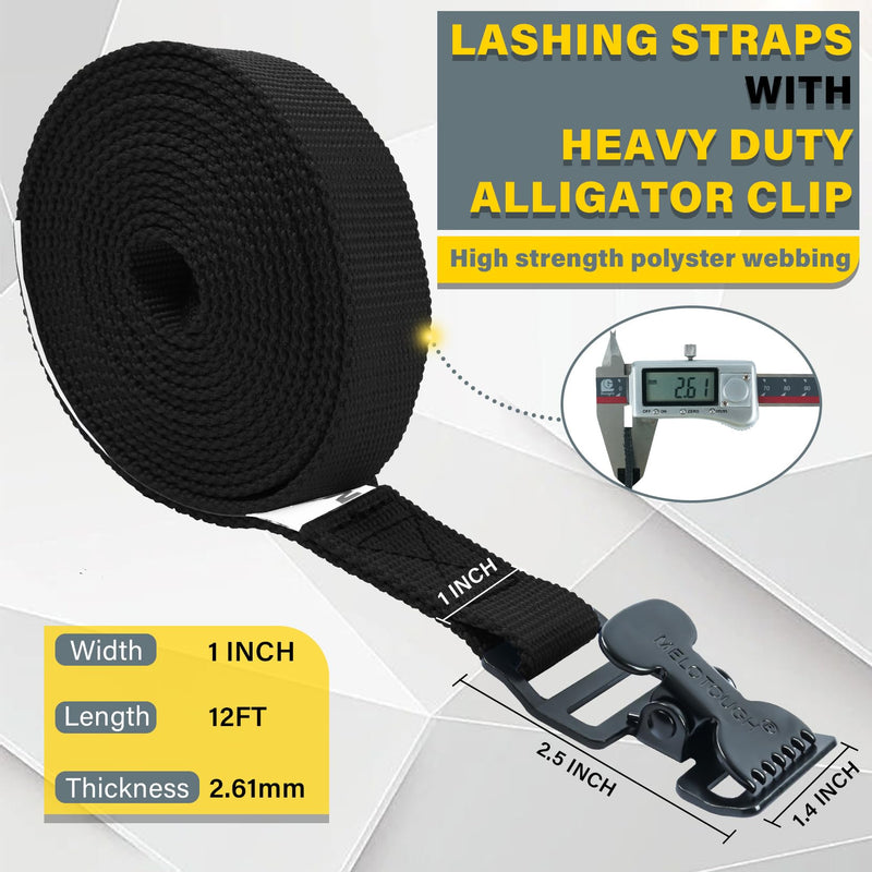 MELOTOUGH 4Pk 1" x 12ft Lashing Strap with Alligator Thumb Buckle Cargo Secure Webbing Up to 450lbs,Ladder Straps,Tie Down Straps,Utility Straps with Clips,Black 12 ft Black