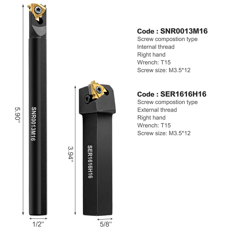 Metal Lathe Cutting Tools - 1/2" and 5/8" Threading Tool Holder Boring Bars with 10pcs Indexable Carbide Inserts 16IR 16ER for Turning Threading Boring Lathe Cutting 1/2" 5/8" Turning Holder + 10PCS Carbide Inserts