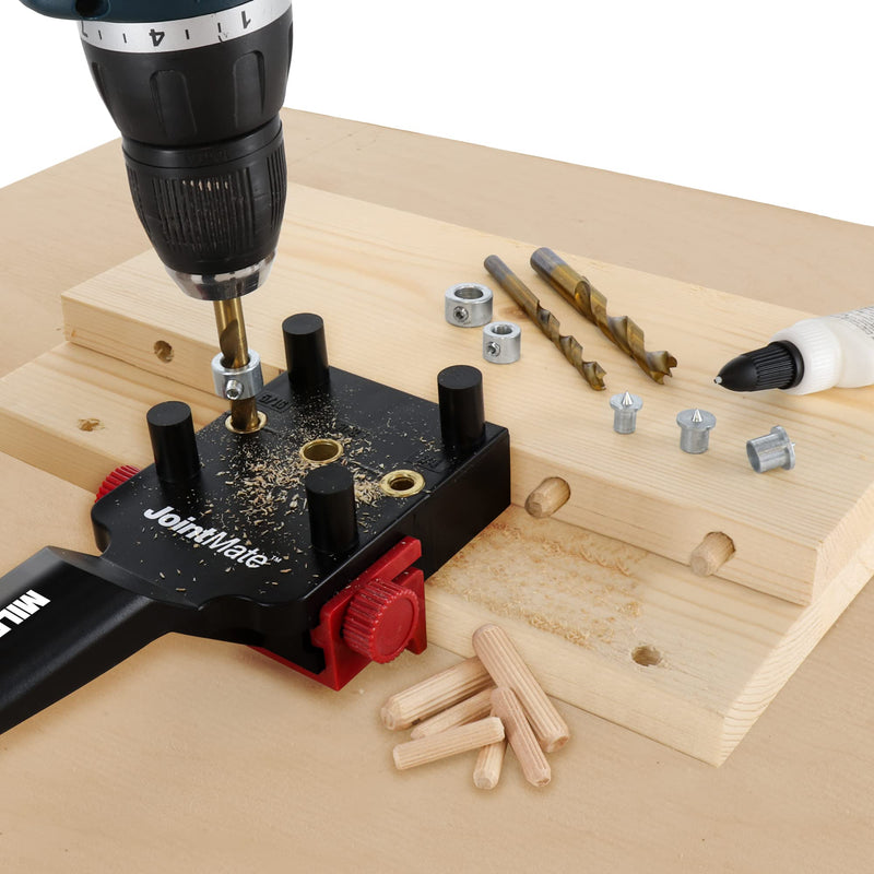 Milescraft 1333 Dowel Jig Kit - New, Improved, Self-Centering Handheld Dowel Jig with 3 Metal Bushing Sizes (1/4in, 5/16in, 3/8in) - Complete Doweling Jig Kit with all Accessories HARDWARE