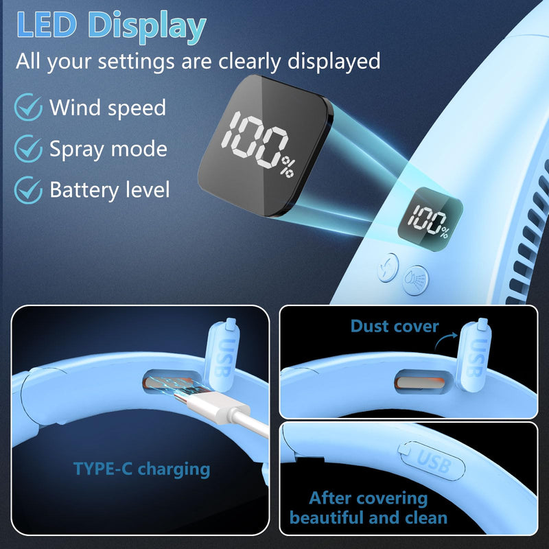 Neck Fans Portable Rechargeable-Foldaway Neck Fan with Mist,Personal Fan for Neck Wearable Hanging around,Cordless Neck Coolers for Female Male Kids Dad Mom Extremely Hot Weather Indoor Outdoor Blue