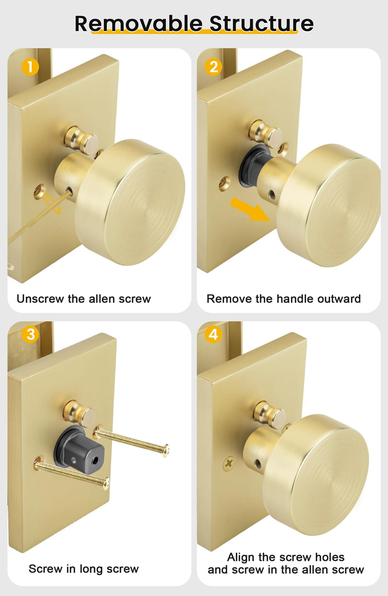 goldenwarm Gold Door Knob Interior, Heavy Duty Brushed Gold Interior Door Knobs for Bedroom Bathroom, Round Privacy Door Knob, Zinc-Alloy Rectangle Rosette Indoor Doorknob (1 Pack) 1 Pack