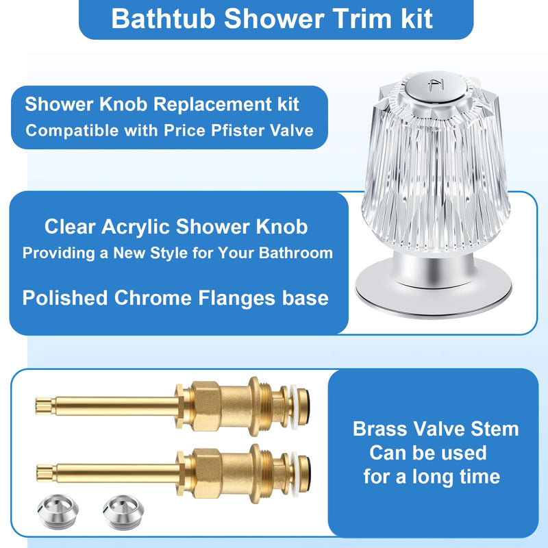 Bathtub Shower Knob 2 Piece Replacement Kit for Price Pfister Verve Compatible with Windsor Shower Faucet Handle, Trim Repair Kit with Acrylic Shower Handle and Shower Stems, Seats Parts, Flanges