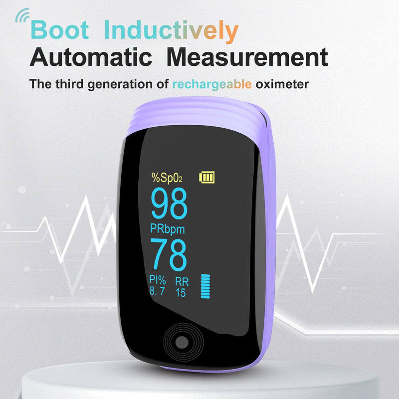 Rechargeable pulse oximeter with respiration, with SpO2 Pulse Rate and PI RR Precision Fast Oximeter SpO2 Reading Outdoor Sports Home (Purple)