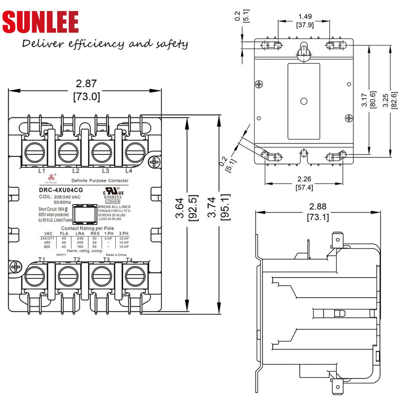 SUNLEE 4 Pole 40 Amp 50 RES 208/240V Coil Contactor fits Siemens 42CF25AG Lighting Heating Refrigeration Contactor, UL Recognized & Approved for UL 60335 4P 40A 208/240VAC Coil Volt