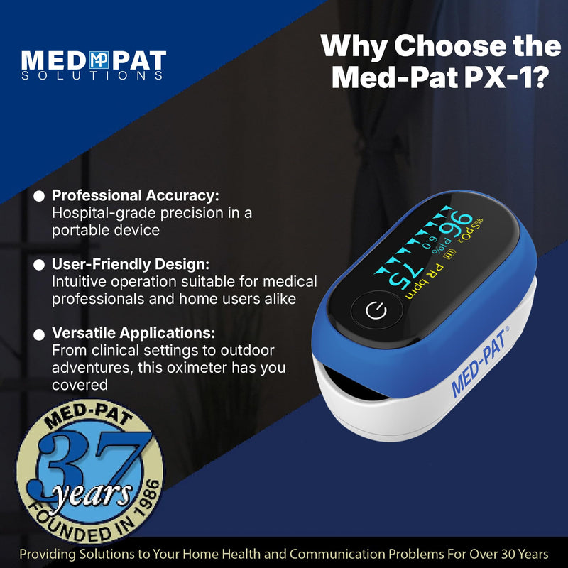 Med-Pat PX-1 Pulse Oximeter - Fingertip SpO2 Monitor - Accurate Oxygen & Pulse Readings - Portable for Home, Travel, Sports