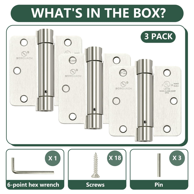 Self Closing Hinge 3 ½"x 3 ½" Satin Nickel Auto Close Adjustable 3 1/2 Inch Spring Hinges Door Closer Hinge 1/4" Radius Corner for Commercial Grade Auto Self-Closing 3 Pieces Satin Nickel 1/4" Radius