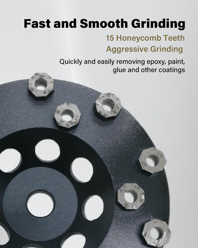 Diamond Grinding Cup Wheel for Hard Concrete Floor, Epoxy Coating Removal, 15 Aggressive Honeycomb Segments, 5 Inch 5/8”-11 Thread, 16/20 Grit 16/20# 5in