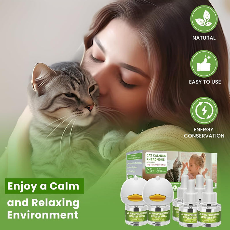 Cat Pheromone Diffuser to Calm Cats - Calming Diffuser Kit with 2 Plug-Ins & 6 Refills, Stress & Anxiety Relief to Help Reduce Fighting, Drug-Free for Peace at Home