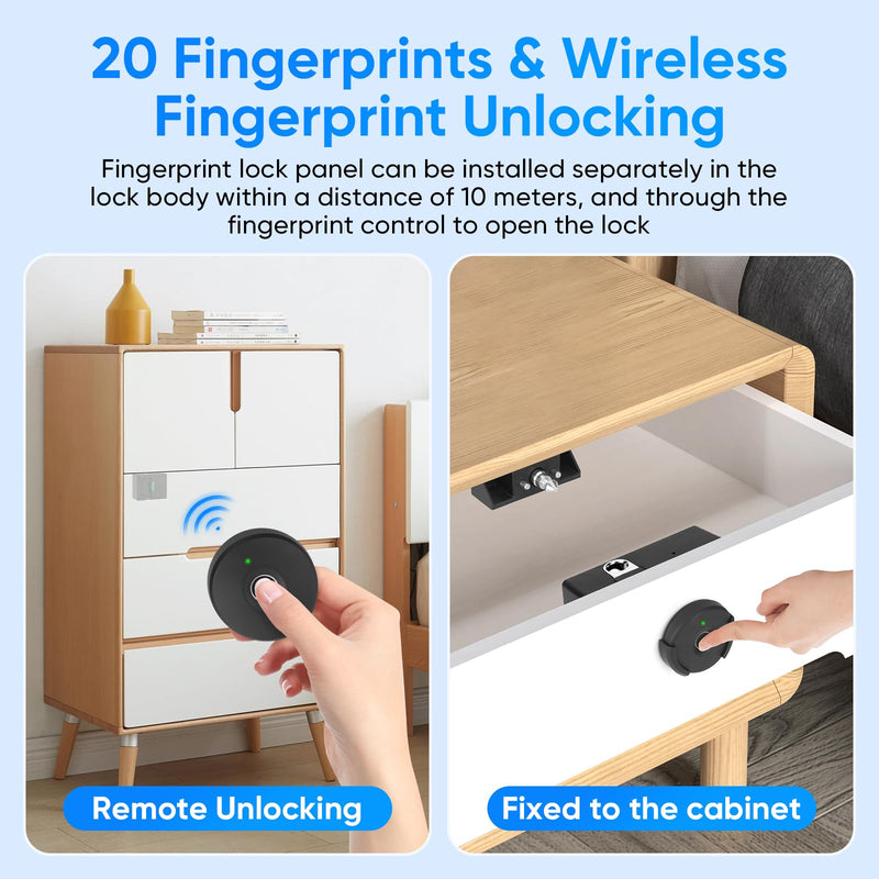 Fingerprint Remote Control Cabinet Lock, Fingerprint Remote Unlocking Within 10m, Hole-Less Lnstallation, Keyless Hidden File Drawer Wardrobe Lock, Lock for Home,Office, Closet Sliding Doors