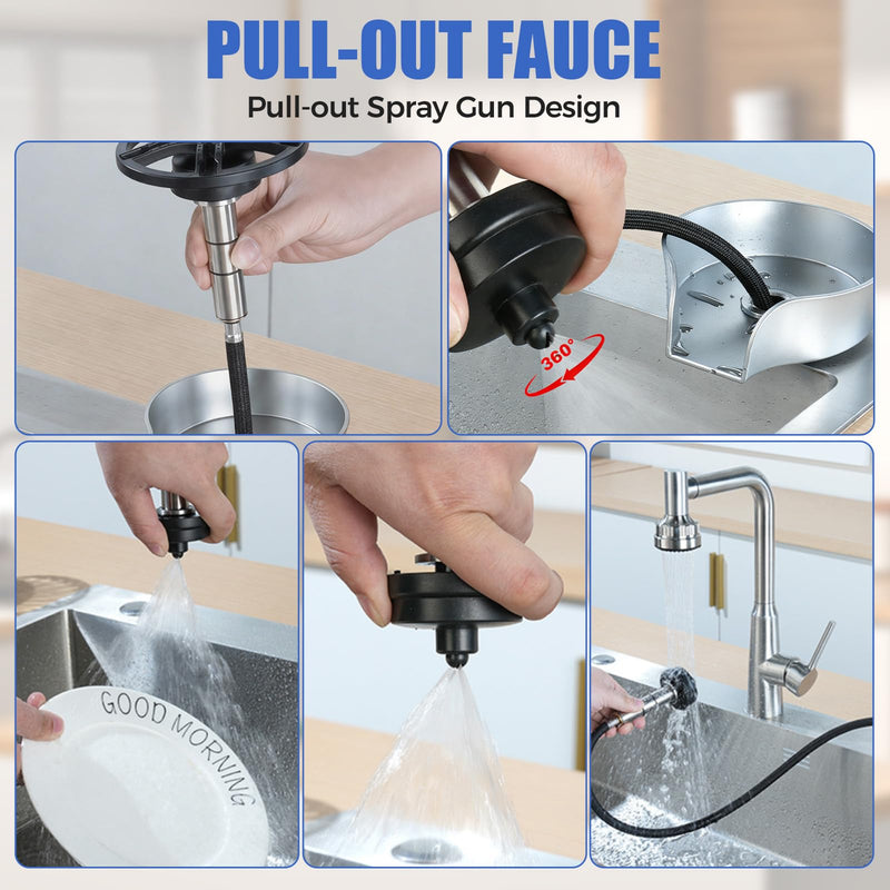 Glass Rinser for Kitchen Sink, High Pressure 360 Degree Rotating Glass Rinser with Pull-Out Spray Gun, Cup Washer Kitchen Sink Attachment Silver