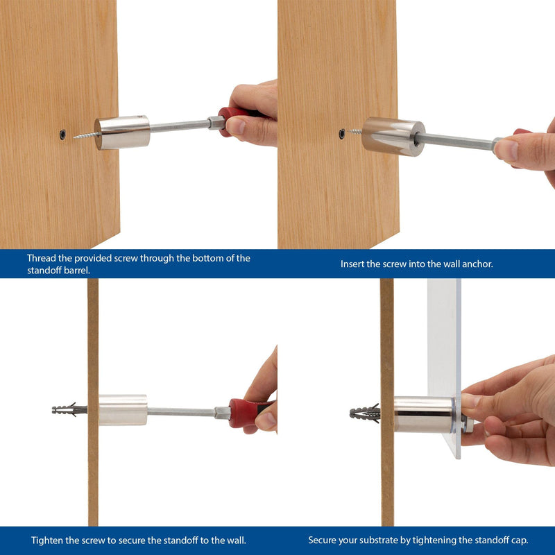 Stainless Steel Standoff 1-1/2 Inch Diameter x 1-1/2 Inch Barrel Length Brushed Finish for PVC, Glass and Acrylic Sign Stand Off Wall Anchors and Screws 4 Piece Pack for Heavy Signs